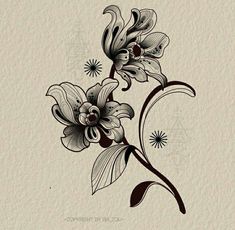 a drawing of flowers with leaves and petals on the bottom half of each flower, in black and white