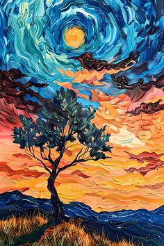 a painting of a tree in front of a colorful sky