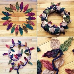 four different knitted wreaths with leaves and ribbons around them on wooden flooring