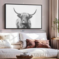 a black and white photo of a cow with horns on it's head hanging in a living room