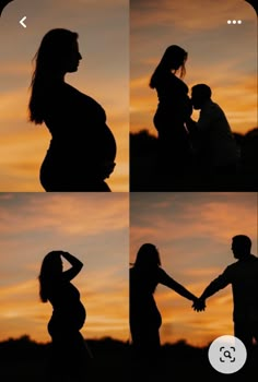 the silhouettes of two people holding hands in front of an orange and blue sky