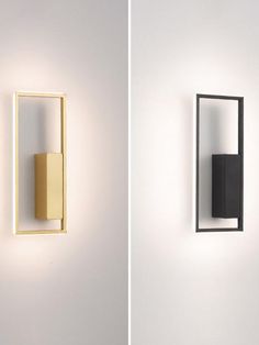 two different types of light fixtures mounted on the side of a wall, one in black and one in yellow