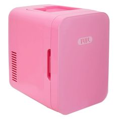 a pink mini fridge is shown on a white background