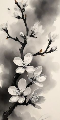 a black and white painting of flowers on a branch with dark clouds in the background