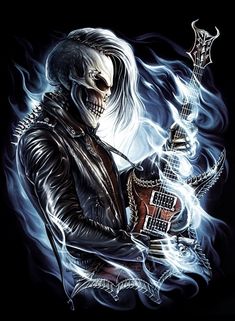 a skeleton holding a guitar in his hand with flames coming out of the back ground