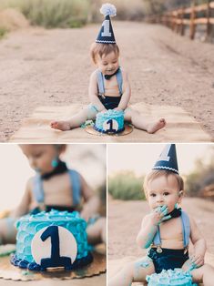 a baby sitting on the ground with a cake in front of him wearing a birthday hat