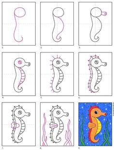 how to draw seahorses step by step with pictures for kids and adults, including the