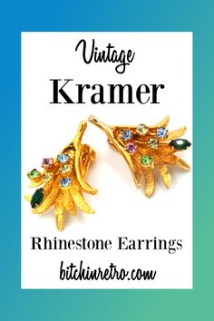 Kramer vintage earrings set with rhinestones at differing heights on slender gold stems gives them a 3-D cosmic quality. The lone emerald green navette is an interesting twist. These earrings have an eclectic design, and are quite unique.

Available for Sale at BitchinRetro.com Mid Century Modern Jewelry, Designer Fashion Jewelry, Rhinestone Earrings, Vintage Love, Vintage Beauty