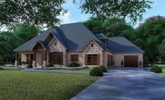 this is an artist's rendering of a house in the country style with stone and brick accents