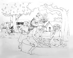 a black and white drawing of three people in the park