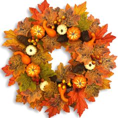 a wreath with pumpkins, gourds and leaves