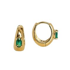 The Envy Emerald Hoops are gold hoop earrings, each featuring a small, oval emerald set in their design, offering the perfect huggie size for comfortable elegance. Pave Ear Cuff, Baguette Studs, Gemstone Hoop Earrings, Jewelry Dainty, Hoop Earrings Gold, Emerald Stone, Huggie Earrings, Green Gemstones, Treasure Chest