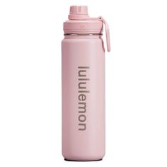 a pink water bottle with the word ummelon printed on it, sitting against a white background