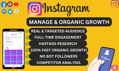 the instagram logo with text that reads, manage & organic growth