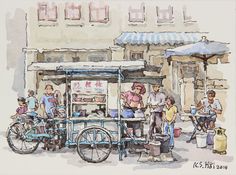 watercolor painting of people standing in front of a food stand