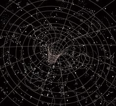 an abstract black and white background with stars in the center, circles that are connected to each other