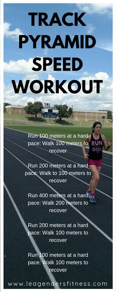 a woman running on a track with the words track pyramid speed workout written in black