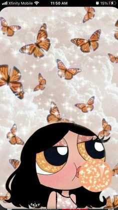 a cartoon girl blowing bubbles with butterflies in the background