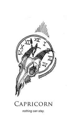 a black and white drawing of a clock with the words capricorn on it