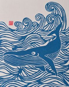 a blue and white drawing of two dolphins in the ocean with waves on it's surface