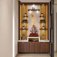 the interior of a home decorated in white and brown colors with decorative items on shelves