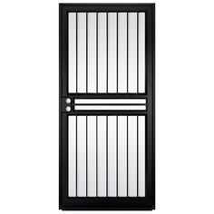 an image of a black door with bars on the top and side panels, in front of white background