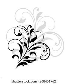 a black and white floral design with swirls on the corner, in an ornate style