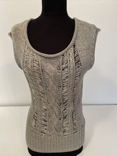 Easy summer crochet sleeveless top from Guess. Silver gray crochet sleeveless pullover scoop neckline casual sheer top ,soft knit material ,lightweight super comfortable to wear ,stretch in the fabric for personal comfort great for any occasion .This knit top pair well with jeans,shorts leggings stretch forward and wear it over your favorite lightweight turtleneck . Conditions is New with tags .Shipped with USPS first  Class Mail .(M-2) Please check the measurements below to ensure your proper f Sleeveless Pullover, Scoop Neck Top, Sheer Top, Short Leggings, Soft Knits, Scoop Neck, Sweater Outfits, Knit Top, Crochet Top