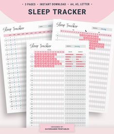 the printable sleep tracker is shown in three different colors and sizes, including pink