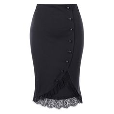 Button Up Plus Size Lace Trim Midi Skirt - Black - 3F45965213 - Original Design-Women's Clothing  #OriginalDesignWomensClothing #Original #DesignWomen's #Clothing Ladies Skirts, Cheap Fashion Outfits, Mid Calf Skirt, Calf Length Skirts, Cheap Skirts, Plus Size Lace, Fashion Dresses Casual, Black Midi Skirt, Bodycon Fashion