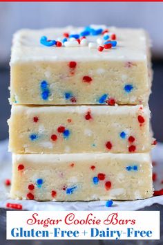 three pieces of cake with red, white and blue sprinkles on top