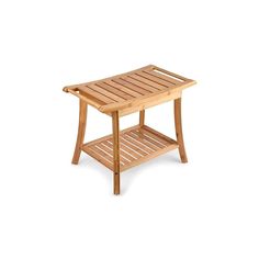 a small wooden table on a white background