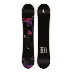 the snowboard is black and purple with white lettering on it's side,