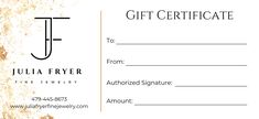 a gift certificate with the name julia fryer in black and gold foil on it