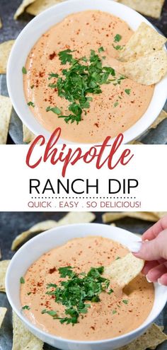 two pictures showing how to make chipotle ranch dip with tortilla chips