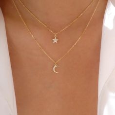 Attached layers, includes everything pictured Material: gold plated sterling silver, crystals Length: 14" + 2" extension Star Pendant size: 0.25" x 0.25" IMPORTED Moon Star Necklace, Flower Choker, Shiny Things, Moon Star, Rose Gold Jewelry, Butterfly Necklace, Gold Star, Coin Necklace, Star Pendant