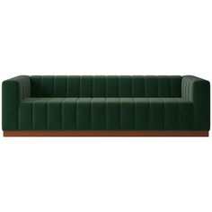 a green velvet sofa with wooden legs and backrests on an isolated white background