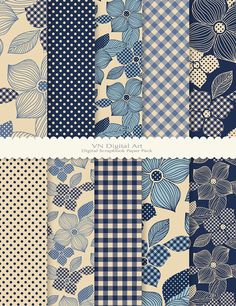 a set of blue and beige floral patterns with polka dots, flowers and leaves on them