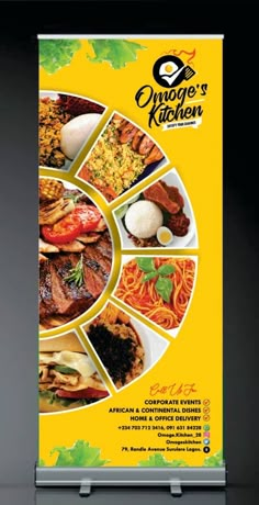 a yellow and black restaurant sign with images of different food items in the middle of it