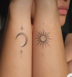 Sun And Moon Tattoo Matching Minimalist, Sun And Moon Tattoo Above Knee, Hand Poked Sun Tattoo, Fine Line Sun And Moon Tattoo Matching, Sun And Moon Tattoo On Wrist, Sun Snd Moon Matching Tattoos, Moon And Sun Friend Tattoo, Hand Poke Sun Tattoo, Handpoke Sun Tattoo