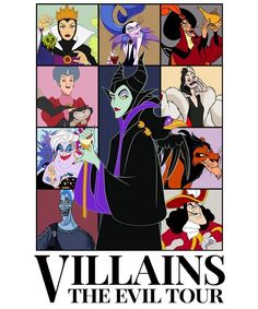 an advertisement for villain's the evil tour with many different faces and costumes on it