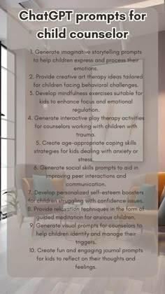 Discover innovative ChatGPT prompts tailored for counselors working with children, from imaginative storytelling ideas to art therapy activities. Enhance your therapy sessions with mindfulness exercises, coping skills strategies, and social skills prompts designed to support kids' emotional well-being. Explore these engaging prompts to help children express and manage their emotions effectively. #childcounseling #playtherapy #mindfulnessforkids #arttherapyideas #emotionalwellbeing" Social Skills Counseling Activities, School Based Therapy Activities, Basic Counseling Skills, Social Work Classroom Ideas, Clinical Mental Health Counseling, Children Therapy Activities, Counsellor Aesthetic, Telehealth Therapy Activities For Kids, Family Counseling Activities