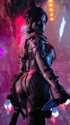 a futuristic woman standing in the rain with her arm wrapped around her body and holding an umbrella