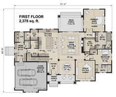 the first floor plan for a home with two car garages and an attached living area