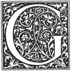 the initial letter g is decorated with flowers and leaves, vintage line drawing or engraving illustration