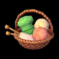 a basket filled with balls of yarn and knitting needles