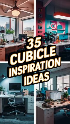 there are three pictures with the words 35 cubicle inspiration ideas