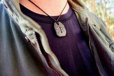 Hand Forged Viking Rune Pendant Necklace Leather Cord Engraved Black Dog Tag Necklace, Spiritual Silver Dog Tag Necklace, Black Personalized Dog Tag Necklace, Handmade Metal Dog Tag Necklace, Metal Dog Tag Necklace With Chain Detail, Tag Necklace