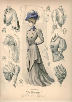 Walking suit, jackets and shirtwaists, Netherlands, 1905, De Gracieuse 1905 Fashion, Edwardian Fashion Plates, 1900's Fashion, 1900 Fashion, Edwardian Dress