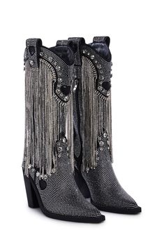 cuz bless your heart. These cowboy boots have a vegan leather construction, rhinestone fringe detailing, jewel studs, and side zipper closures. Sparkly Cowboy Boots, Glam Cowboy, Fringe Cowboy Boots, Platforms Shoes, Western Glam, Bless Your Heart, Black Cowgirl, Rhinestone Fringe, Looks Country